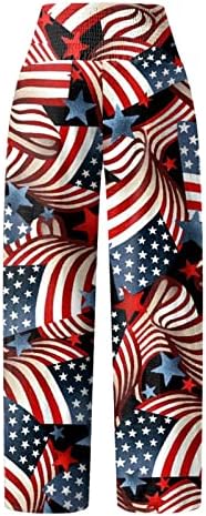 4. jula posteljina široke pantalone za noge za žene Američka zastava ruched elastične hlače s velikim