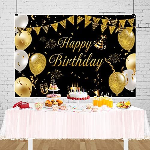 Renaiss 12x8ft crno zlato Sretan rođendan pozadina poliester tkanina zlato baloni Glitter Zastava pokloni