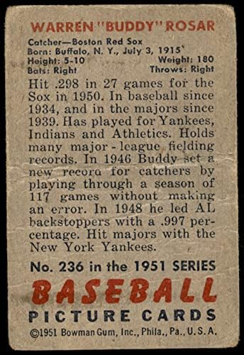 1951 Bowman 236 Buddy Rosar Boston Red Sox Loše crveno sox