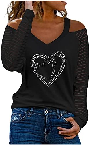 Crne ženske bluze labave krojeve majice mrežaste duge rukave hladno rame V vrat sa otvorenim