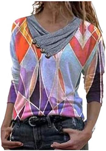 Ženske duge rukave majice dugme naborane dekolte Tees etničke Vintage štampane bluze Retro patchwork