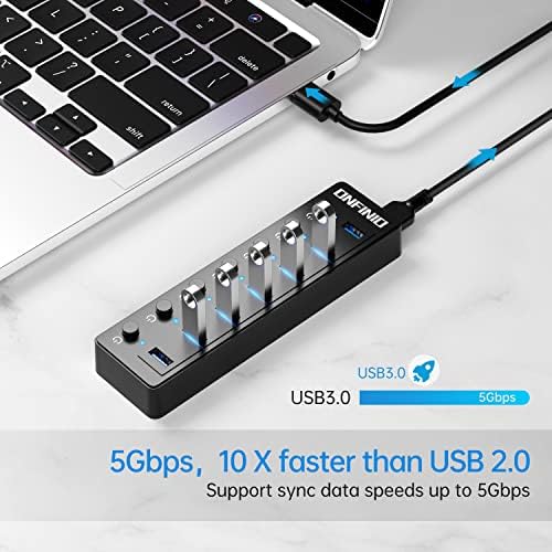 ONFINIO USB Hub, 7 Port USB Hub 3.0 sa 3.3 ft USB kablom višestruki Port sa pojedinačnim Led