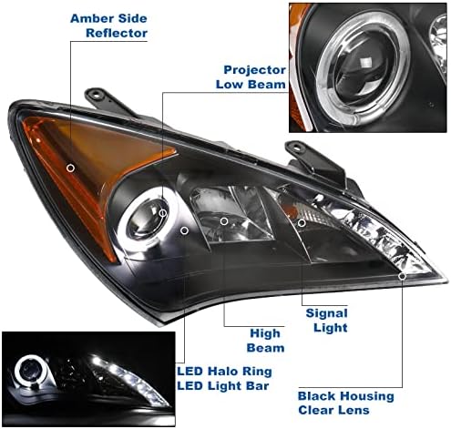 ZMAUTOPARTS LED Halo projektor farovi prednja svjetla Crna kompatibilna sa Genesis Coupeom 2010-2012