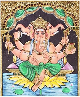 Egzotična Indija 13 x 14 Lord Ganesha sjedi na Lotus Tanjore slikarstvu / tradicionalne boje sa 24k zlatom
