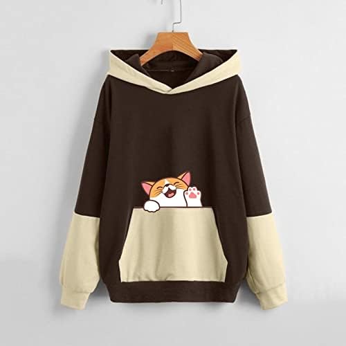 Kafa Ženska boja Blok Sunčana mačka Grafički labavi fit prevelizirani džemper za haubu sa dugim