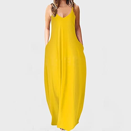 lcziwo ženska ljetna haljina 2023 Ležerna čvrsta traka za špagete V izrez haljina bez rukava labava lepršava Maxi