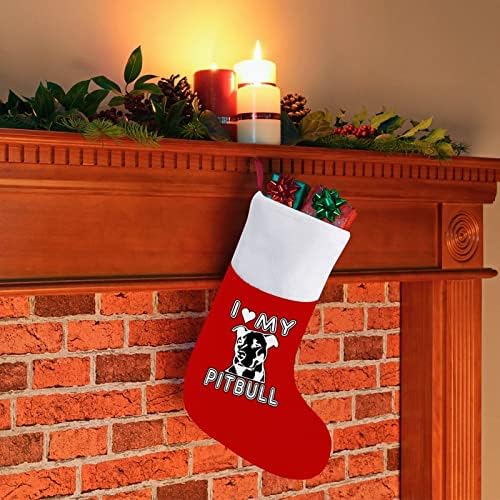 Volim svoje pitbull božićne čarape crveni baršunasti s bijelim kesom bombona Xmas ukrasima i pribor za