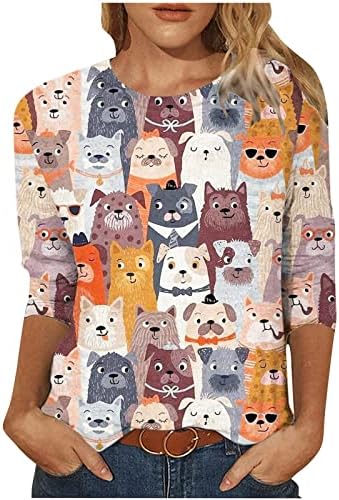 Crewneck vrhovi za dame jesen ljeto dugi 3/4 rukav za mačke s printom Brunch slatke životinjske bluze Tshirts