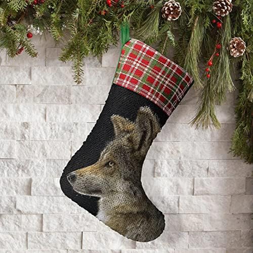 Wolf Head Sequin Božićne prazničke čarape Reverzibilna boja Promjena čarobnih zaliha za Xmas Tree Kamin Viseće