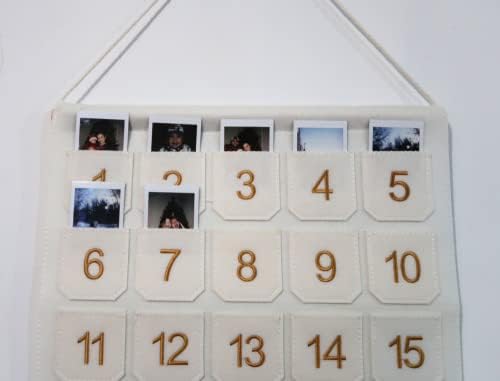 Felt Advent Kalendar s džepovima, krema Božić Kalendar odbrojavanje-zlato veze brojevi fotografija Advent Kalendar