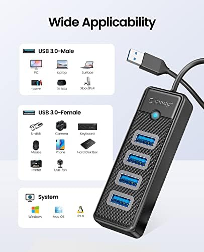 4-Port USB 3.0 Hub ORICO Ultra-Slim Data USB Splitter sa 3.28 ft produženim kablom, za Laptop, PC,
