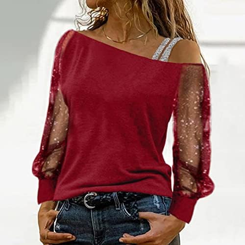 Seksi mrežaste dugih rukava hladna ramena majica za žene Sequin Print Tunic Shertsy casual asimetrični ramena