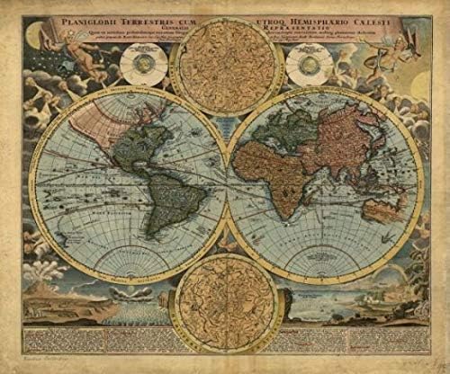 1716 karta / zemlja / Planiglobii terrestris Cum utroq hemisfaerio caelesti generalis repr