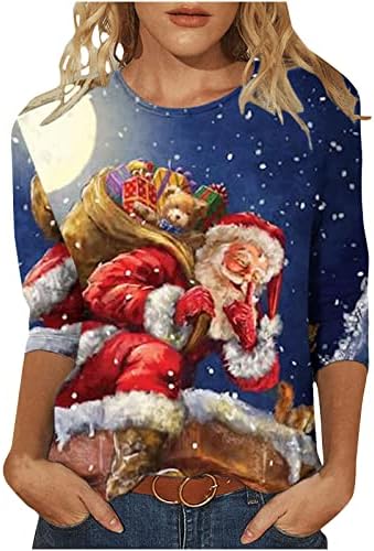 Božićni vrhovi za žene Santa Claus Snjegović uzorak T majice 3/4 rukav tunik Trendy Puloveri za tinejdžerske