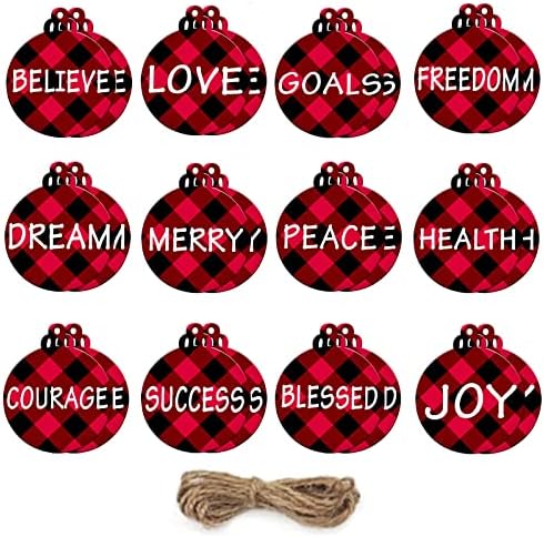 Yeshsq 24kom 12 stilova Božić želja ukrasi za jelku Buffalo Plaid Božić želje Ornament viseći zanati drvene oznake