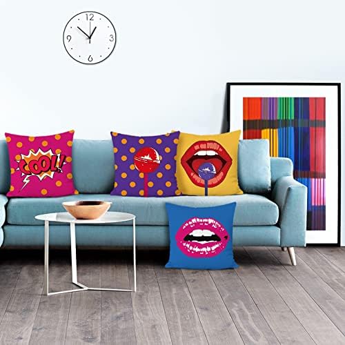 Bonhause Pop Art Backing Jastuk 18 x 18 inčni set od 4 usne Polka točkice Funky Dekorativni jastuk