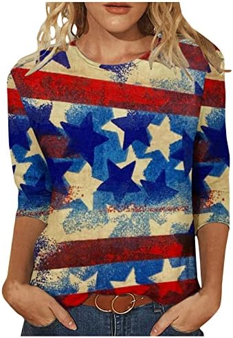 Ženska patriotska majica casual 3/4 rukava okrugli vrat pulover na vrhu 4. jula zvijezde Stripes grafički bluza