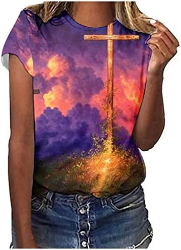 Sunset Cross Graphic Tee košulje Žene Vintage Ljeto The drey majica Crewneck Ležerna majica Isus Cross
