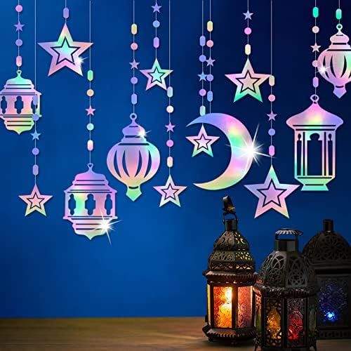 Ramadan Mubarak Party Garland Decor 12pcs Iridescent Ramadan Star Moon Lantern Garland Twinkle