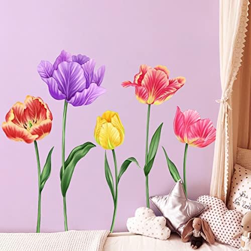 Giant Tulip Cvijeće Zidne naljepnice 5 Šarene tulipane Zidne naljepnice za zidove listove DIY uklonjivi