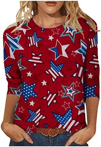 Ženska patriotska majica casual 3/4 rukava okrugli vrat pulover na vrhu 4. jula zvijezde Stripes