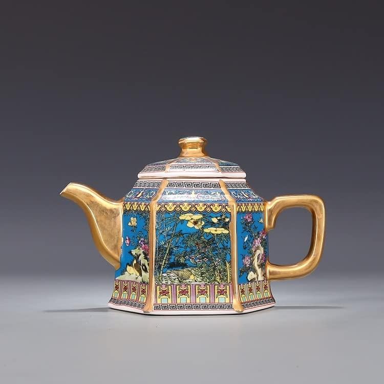 FEER ENAMEL Zlatni čajnik sa šesterokutnim čajnim čajnicima s cvijećem i pticama uzorak Drevni porculan