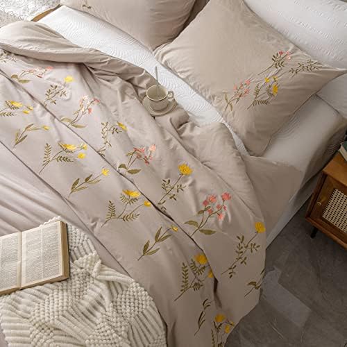 Premjesti preko Taupe Conforter Set Cvjetni cvjetni kombinirani kraljica oprana pamučna kaki