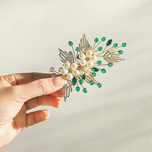 Campsis Flower Weeding Hair Clip Gold Rhinestons Hair Barrettes Green Crystal Diamond Floral Hair Pins Bridal