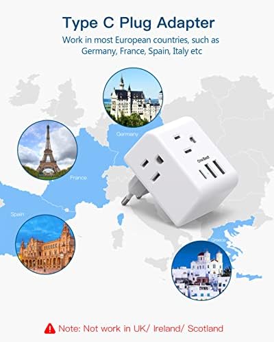 2 Pak Evropski putni Adapter, Međunarodni Adapter za napajanje sa 3 utičnice 3 USB priključci za punjenje,