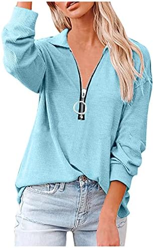 RMXEi ženski Zipper V-izrez Dugi rukav pulover sa reverom duks sa dugmadima džemper bluza