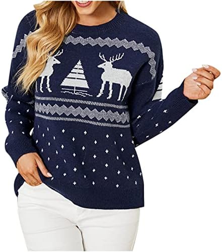 Ženski božićni print pleteni džemper s dugim rukavima Crewneck Rewneer Lijepovina tiskane slatke casual pulover
