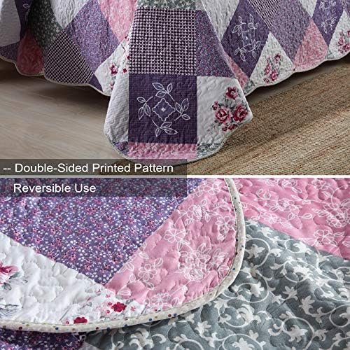 Maiufun Quilts King size Setovi prekrivača, reverzibilni ljubičasti cvjetni patchwork uzorci, lagani