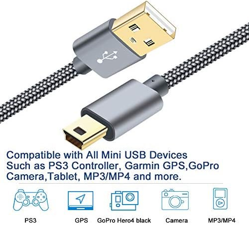 SIOCEN Mini USB kabl pleten 6ft,Tip A muški na Mini-B kabl za punjenje kabla za Garmin Nuvi,punjač za PS3 kontroler,Mini