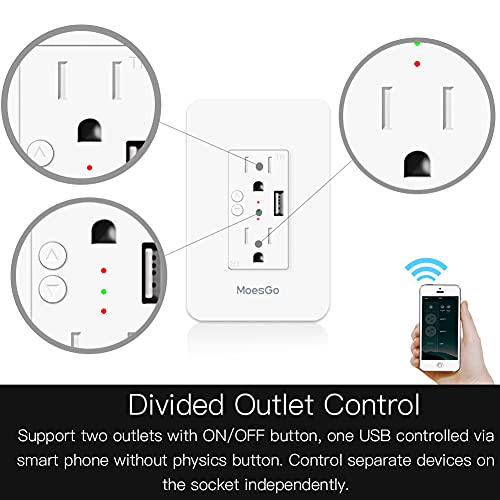 Moesgo Smart Power Outlet sa USB-om, WiFi utičnicama sa 2 utičnice 15 AMP podijeljene kontrole, pametni život