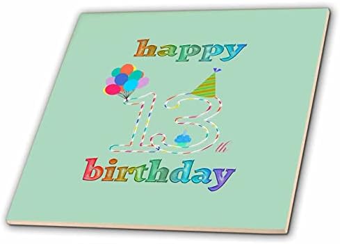 3drose sretan 13. rođendan, Cupcake sa svijećom, baloni, šešir, šareni-pločice