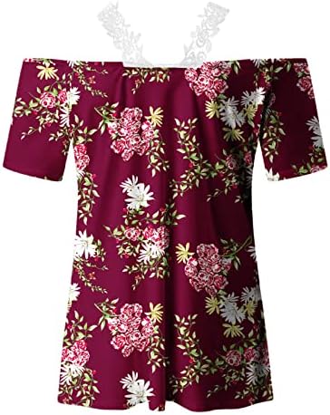 S vrhova ramena za žene čipkasti V izrez Tees remen kratke rukave bluze Trendy Floral Print Shirts