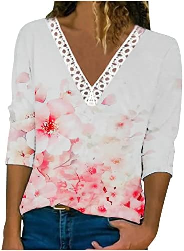 Ženska modna cvjetna tiskana majica V vrat Crochet čipke Ležerne prilike 3/4 rukava 2023 ljetne majice