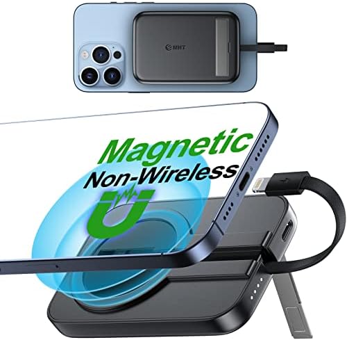 EMNT Mini magnetni prijenosni punjač za iPhone, 6000mah Power Bank kvačila sa ugrađenim kablom/metalnim postoljem,