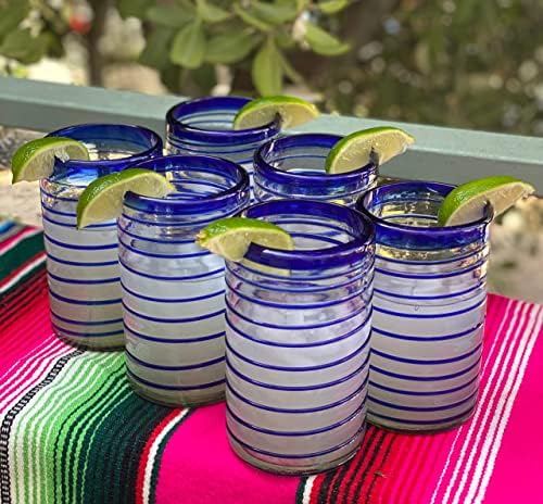 Ručno puhane meksičke naočare za piće-Set od 6 čaša sa Kobaltno plavim spiralnim dizajnom