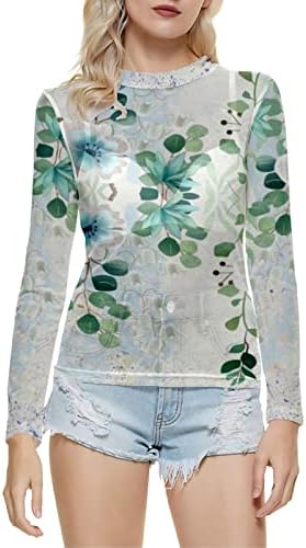 Ženska šifonska bluza prozirna seksi vrh Trendy Floras tisak dugih rukava majica mock izrez Tunika Tee