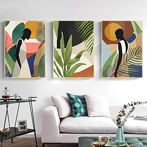 Sažetak Afroamerička zidna umjetnost na platnu Crna žena i zelena biljka zidne umjetničke slike Set od 3 nordijska