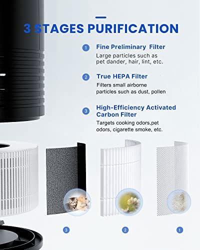RENPHO Air Purifier for Home RP-AP068B & 2 Pack HEPA Replacement Filter for Pet Allergies Odor, 3-Stage Filtration