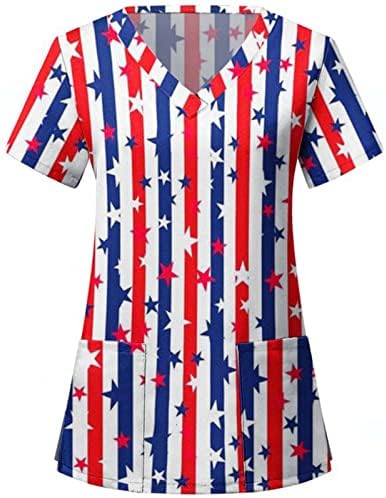 Majica sa američkom zastavom za žene 4. jula ljetna kratka rukava V majica sa izrezom sa 2 džepa bluza