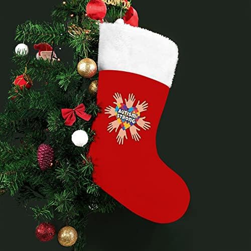 Autizam jake božićne čarape crveni baršunasti s bijelim bombonskim torbom Xmas ukrasima i pribor