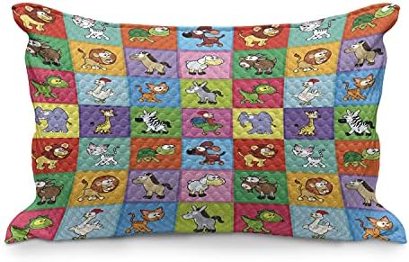 AMESONNE CARTOON QUILED jastuk, grupa smiješnih mladih životinja u šarenim kvadratima sretan uzorak
