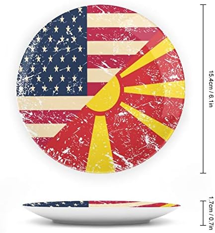 Američka i Makedonija Retro zastava Vintage dizajn kosti China Decor ploča sa postoljem okrugla
