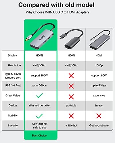 USB C do HDMI Adapter, Iviin 3 u 1 USB Tip C Hub sa 4K HDMI, 100w PD,putni USB C Adapter kompatibilan