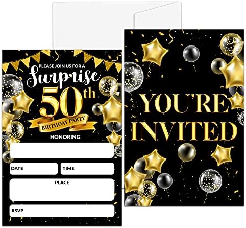 Iznenađenje 50. rođendana pozivnica, crne i zlatne pozive za odrasle žene i muškarac, 20 pozivnica sa kovertama,