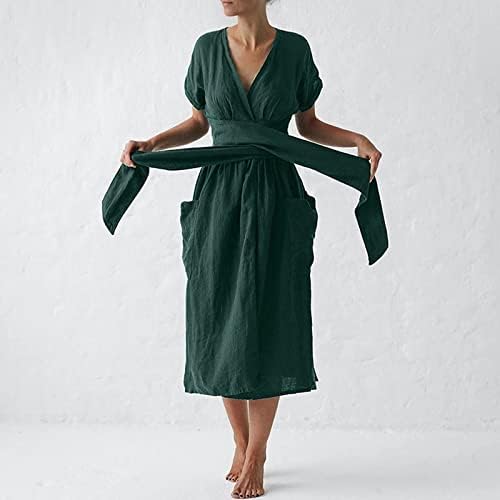 Ženska haljina od pamučne posteljine ljeto kratki rukav V izrez Maxi haljine casual pune boje duge plaže sa džepovima