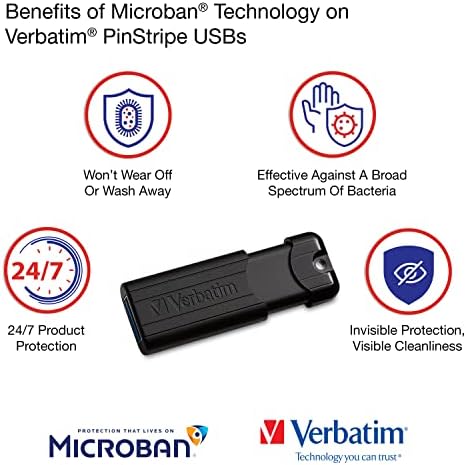 Verbatim 64GB Pinstripe USB 3.2 Gen 1 Flash pogon uvlačivši sa mikroban zaštitom od antimikrobnog proizvoda -